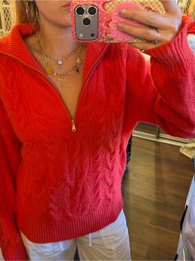 J. Crew Men's Bright Red Cable-Knit Half-Zip Sweater